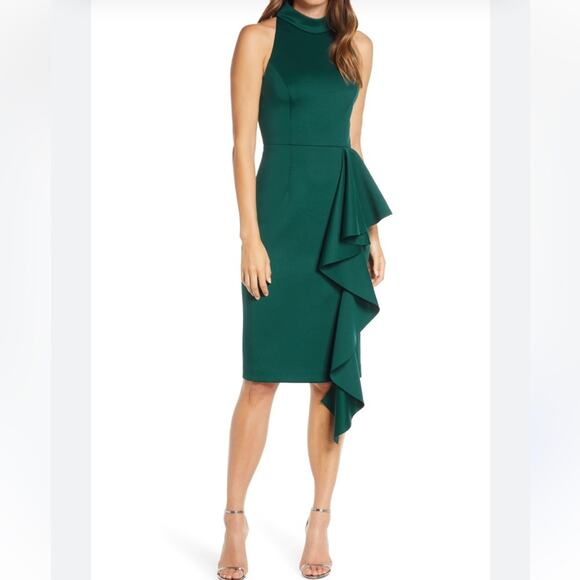 Eliza J Hunter Green Cascading Crepe Sleeveless Ruffle Halter Midi Dress Size 10